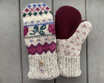 Women’s Medium Sweater Mittens - Wool Mittens from upcycled wool sweaters - Gift for her - beige - pink - upcycled felted sweater mittens