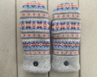 Medium Upcycled Women’s Sweater Mittens - Wool Mittens made from recycled sweaters - Gift for her - blue - gray - felted sweater mittens