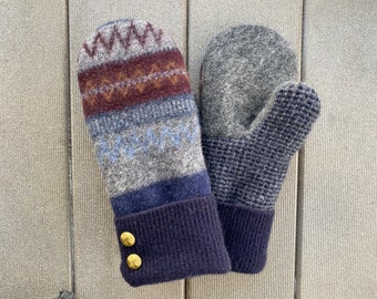 Sweater Mittens - Wool Mittens from upcycled wool sweaters - Gift for her - blue - gray - upcycled felted sweater mittens - Mitts