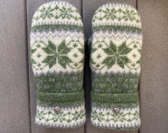 Upcycled Felted Sweater Mittens - Wool Mittens made from recycled sweaters - Gift for her - green - white - sweater mittens - Snowflake