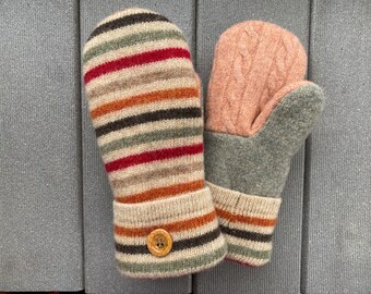 Sweater Mittens - Wool Mittens from recycled sweaters - Gift for her - beige - orange - green - upcycled felted sweater mittens - Mitts