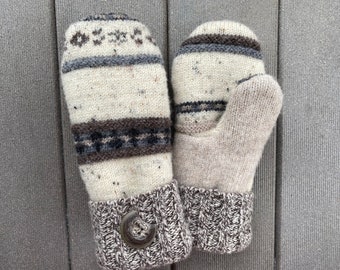 Medium Women’s Upcycled Sweater Mittens - Wool Mittens made from recycled sweaters - Gift for her - ecru - gray - felted sweater mittens