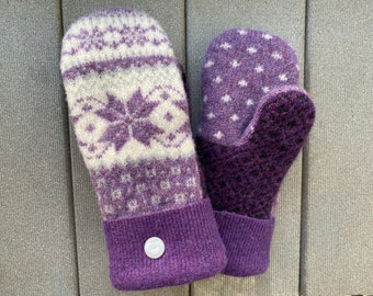 Medium Sweater Mittens - Wool Mittens from upcycled wool sweaters - Gift for her - purple - white - upcycled felted sweater mittens - Mitts