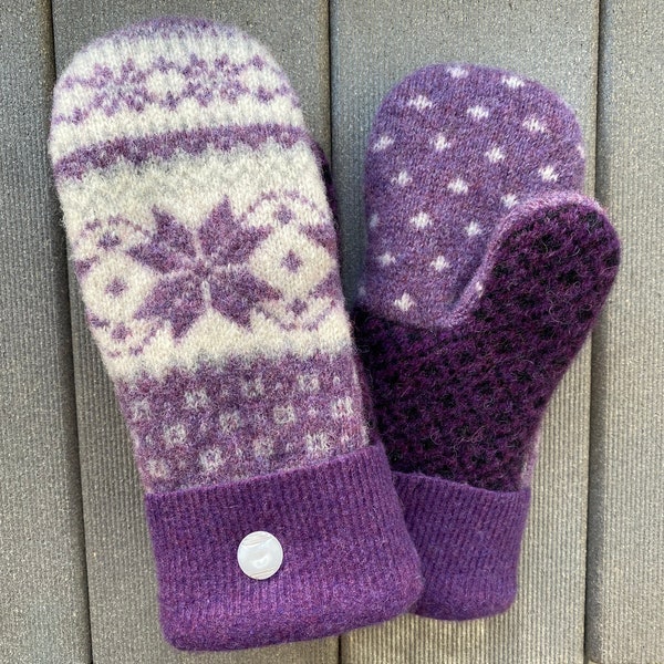 Medium Sweater Mittens - Wool Mittens from upcycled wool sweaters - Gift for her - purple - white - upcycled felted sweater mittens - Mitts