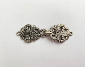 Norwegian Style Sweater Clasps, Antique Silver Color Scandinavian Nordic Style, ONE SET, Frog Hook and Eye, Toggle Sweater Closure fastener