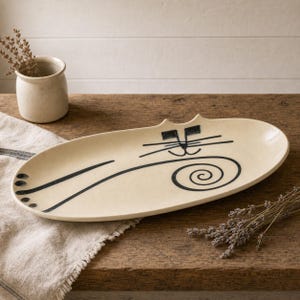 Studio Art Pottery Cat Platter Tray Handcrafted Ceramic Serving Dish Signed JLJ Whimsical Cat Cottage Decor