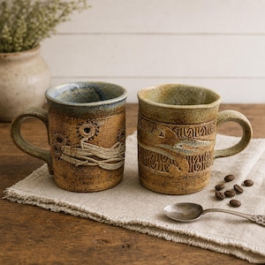 May include: Two handcrafted ceramic mugs with textured surfaces. The left mug features a brown base with blue rim accents and raised circular and linear patterns. The right mug has a tan finish with intricate carved geometric and wave-like designs.