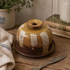 May include: A ceramic butter dish with a dome-shaped lid featuring a speckled mustard yellow and dark brown glaze. The lid has a central circular knob and vertical white bands with a dotted texture. The base is a matching dark brown circular plate.
