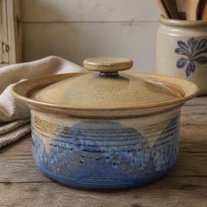 May include: A round ceramic casserole dish with a lid, featuring a glossy tan glaze on the upper portion and a textured, deep blue glaze on the lower section. The pot has a wide rim and a central knob handle on the lid, showcasing a handcrafted finish.