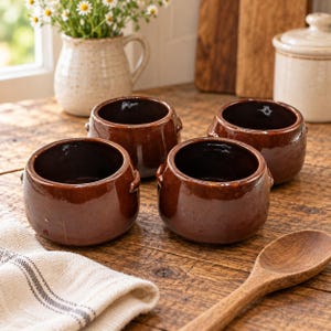 Vintage West Bend Individual Bean Pots | Set of 4 Brown Stoneware Chili Bowls | Small Rustic Serving Crocks
