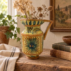 Vintage Italian Sgraffito Pottery Pitcher Vase | Signed Graffito Ceramic | Mid Century Italy Rustic Decor