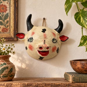 Mexican Coconut Shell Bull Mask | Hand Painted Folk Art Cow Devil Mask | Small Vintage Wall Decor