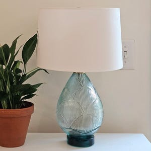 May include: A decorative lamp with a white lampshade and a teal glass base with a leaf design. A potted plant sits to the left of the lamp. Above the lamp is a framed print that reads "SOME SEA ANIMALS OF THE ATLANTIC."