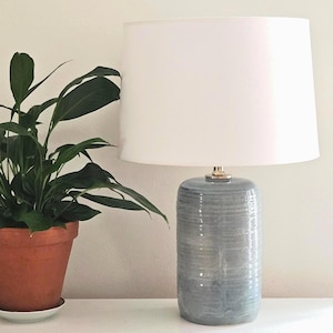 Artisan Handmade Ceramic Table Lamp: Soft Gray-Blue Cylinder for Coastal Modern Home Decor
