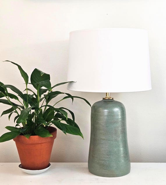 Handmade Ceramic Table Lamp: Green Metallic Satin Glaze, Wheel-Thrown Stoneware
