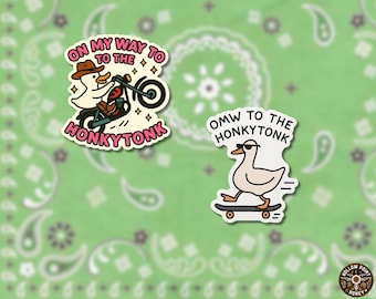 OMW To The Honkytonk Funny Bumper Sticker, Cute Duck Cowboy Hat Decal, Country Music Lover Gift, Western Motorcycle Skateboard Cowgirl