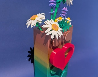 Vaas in bouwsteenstijl voor LEGO Flowers met als extra cadeau hart-/solsleutel + meerdere kleuren