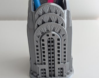 Art-deco pennenhouder geïnspireerd op Chrysler Building NYC kantoordecoratie cadeau modernistische architectuur bureauorganizer