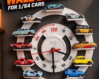 May include: A circular white wall clock featuring a speedometer-style face with numbers 10 through 120 and black and red hands. The clock has ten small shelves holding various 1/64 scale toy cars. Text at the top reads CUSTOM WALL CLOCK FOR 1/64 CARS.