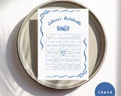 Bachelorette Bingo Game | Fun Hen Party & Pub Crawl Drinking Game | Blue and White Wavy Border | Instant Canva Download Printable Bach Game