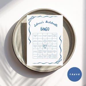Bachelorette Bingo Game | Fun Hen Party & Pub Crawl Drinking Game | Blue and White Wavy Border | Instant Canva Download Printable Bach Game