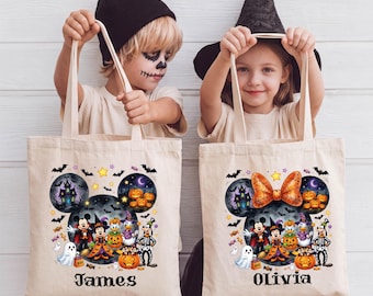 Mickey Minnie Halloween Tote Bag, Disney Trick or Track Totes, Custom Minnie Kids Tote, Disneyland Trip Bags, Spooky Season Candy Totes