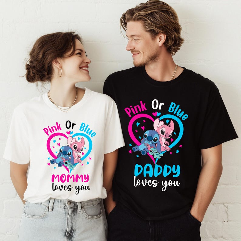 Disney Gender Reveal Shirt, Stitch Baby Announcement Party T-Shirt, Angel Baby Shower Matching Sweatshirt, Pink or Blue Family Tee