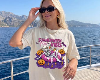 Gruseliges Sommer Vibes Shirt, lustiges Skelett T-Shirt, Horror Strand Urlaub T-Shirts, Halloween Sommer T-Shirts