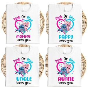 Disney Gender Reveal Shirt, Stitch Baby Announcement Party T-Shirt, Angel Baby Shower Family Matching Sweatshirt, Pink or Blue We Love You