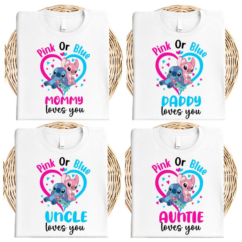 Disney Gender Reveal Shirt, Stitch Baby Announcement Party T-Shirt, Angel Baby Shower Family Matching Sweatshirt, Pink or Blue We Love You