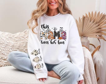 Halloween Mama Sweatshirt mit Geisterkindernamen, gruseliges Nana-T-Shirt, kundenspezifisches Enkelnamen-T-Stück, Halloween-Großmuttergeschenk