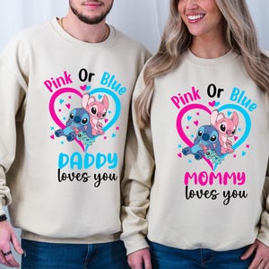 Disney Gender Reveal Shirt, Stitch Baby Announcement Party T-Shirt, Angel Baby Shower Matching Sweatshirt, Pink or Blue Family  Tee