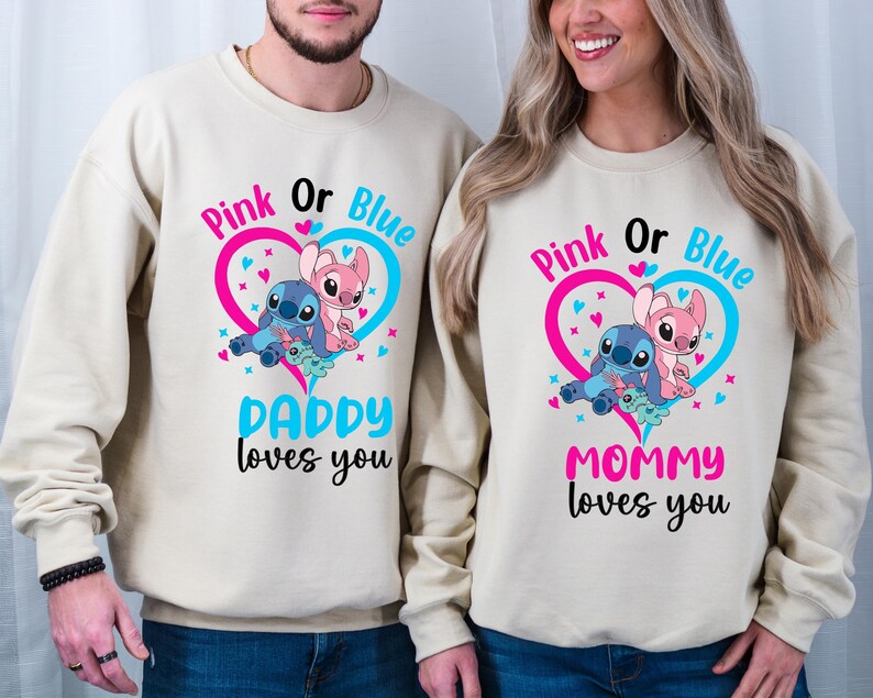 Disney Gender Reveal Shirt, Stitch Baby Announcement Party T-Shirt, Angel Baby Shower Matching Sweatshirt, Pink or Blue Family  Tee