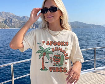 Gespenstisches Sommer Vibes Shirt, lustiges Kürbis-T-Shirt, Halloween-Strand-T-Shirt, gruselige Urlaubs-T-Shirts