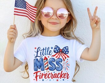 Miss Fire Cracker Shirt, 4th of July Girl Tee, Patriotic Kids Tees, Red White And Blue Tee, Coquette Bow 250th Anniversary Gift