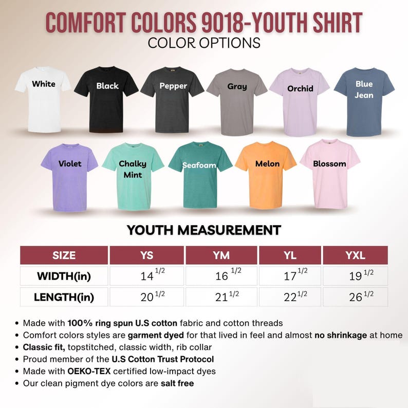 a collection of youth shirts in various colors, including white, black, pepper, gray, orchid, blue jeans, purple, chunky mint, sea foam, melon, and blossom. The shirts are arranged in rows, with each row representing a different size and color option. The image also provides information about the measurements and features of the shirts, such as the width, length, and the materials used.