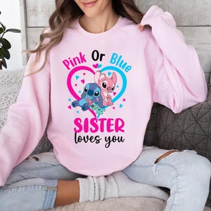 Disney Gender Reveal Shirt, Stitch Baby Announcement Party T-Shirt, Angel Baby Shower Family Matching Sweatshirt, Pink or Blue We Love You