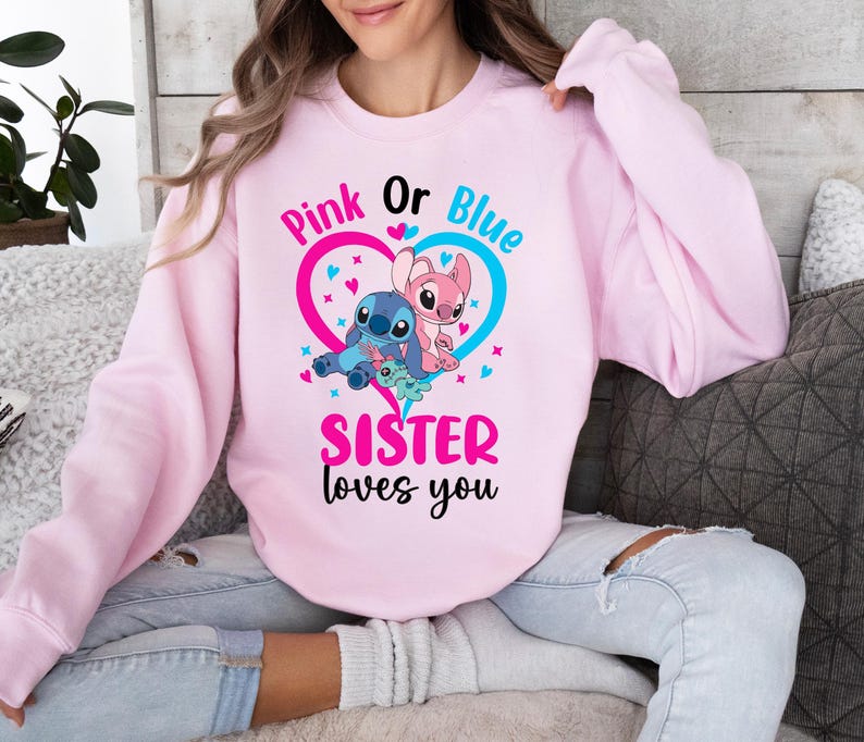 Disney Gender Reveal Shirt, Stitch Baby Announcement Party T-Shirt, Angel Baby Shower Family Matching Sweatshirt, Pink or Blue We Love You