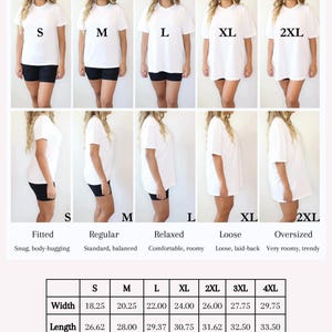 The image is a size fit guide for a t-shirt, showing different sizes and fits for a model. It includes measurements for width, length, and sleeve size, as well as descriptions of the fit and comfort levels for each size.