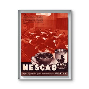 May include: Vintage advertisement for Nescaco, a chocolate drink, featuring a cup of the drink, a can, and the text "NESCAO". The poster has a red and white color scheme and includes text in French.