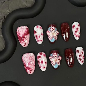 Uñas postizas con diseño de carey y flores/Uñas 3D/Uñas otoñales/Uñas reutilizables/Uñas postizas/Uñas personalizadas
