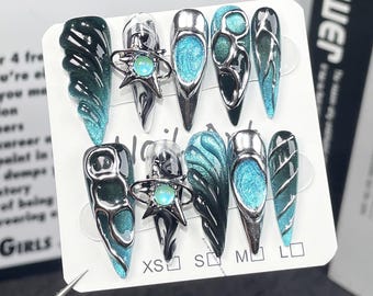 Glitter Metal Nails/Sweet Cool Girl Nails/Gothic Punk Cool Nails/Embossed Metal Nail Design/Handmade Press-on Nails/Fashionable Nails