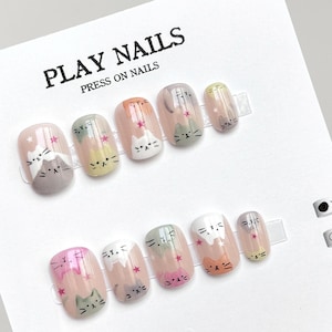Colorful Cats Press on Nails, Hand Painted Fake Nails, Cute Nails,  Reusable Premium Nails