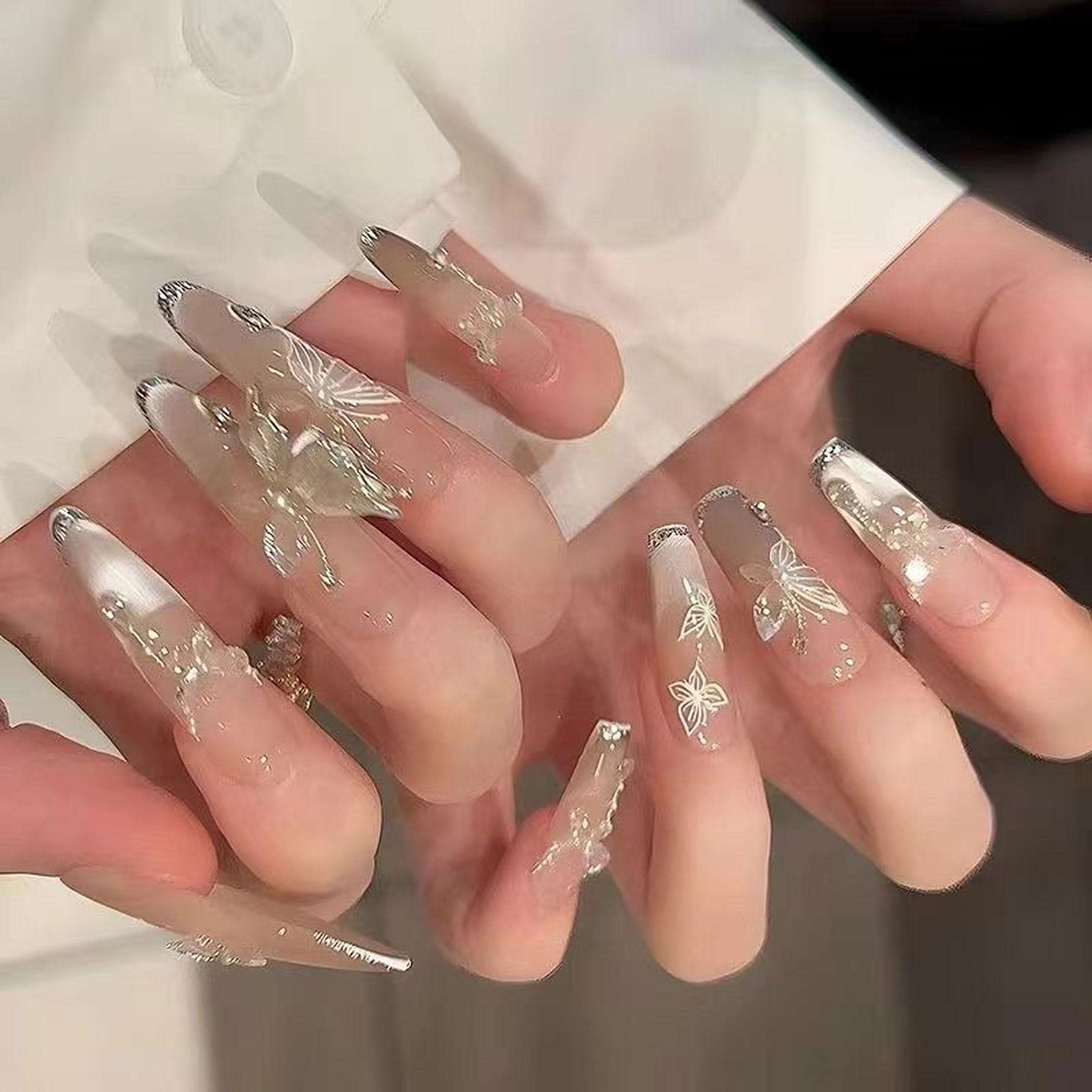 Delicate Crystal Butterfly Silver Line Nail/Cute Oval Shape Nail/Pink Cat Eye French Tip Nail/Handmade Press on Nail/Amazing Nail