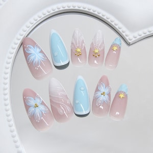 Reusable Summer Fashion|High-quality Press-on Nail Gel|Pure Hand-carved Petals|Fake Nails |Textured Color Gel Manicurist Artificial Nails