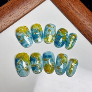 Uñas postizas cortas y pintadas a mano, uñas postizas de alta calidad.