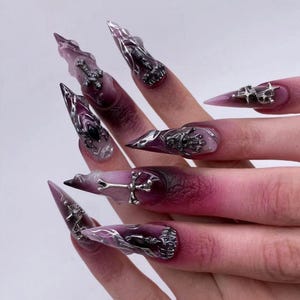 Hot Halloween | Press-On Nails | 3D Halloween Party Nail Art | French Flame Cross Nail Art | Purple Smudge Spider Nail Art