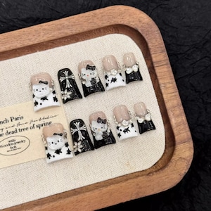 Black and white hand-painted press-on nails | Party nails | 3D kitten press-on nails | Cute nail gifts | y2k nails | Duckbill nails