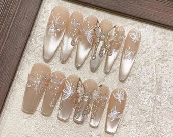 Delicate Crystal Butterfly Silver Line Nail/Cute Oval Shape Nail/Pink Cat Eye French Tip Nail/Handmade Press on Nail/Amazing Nail