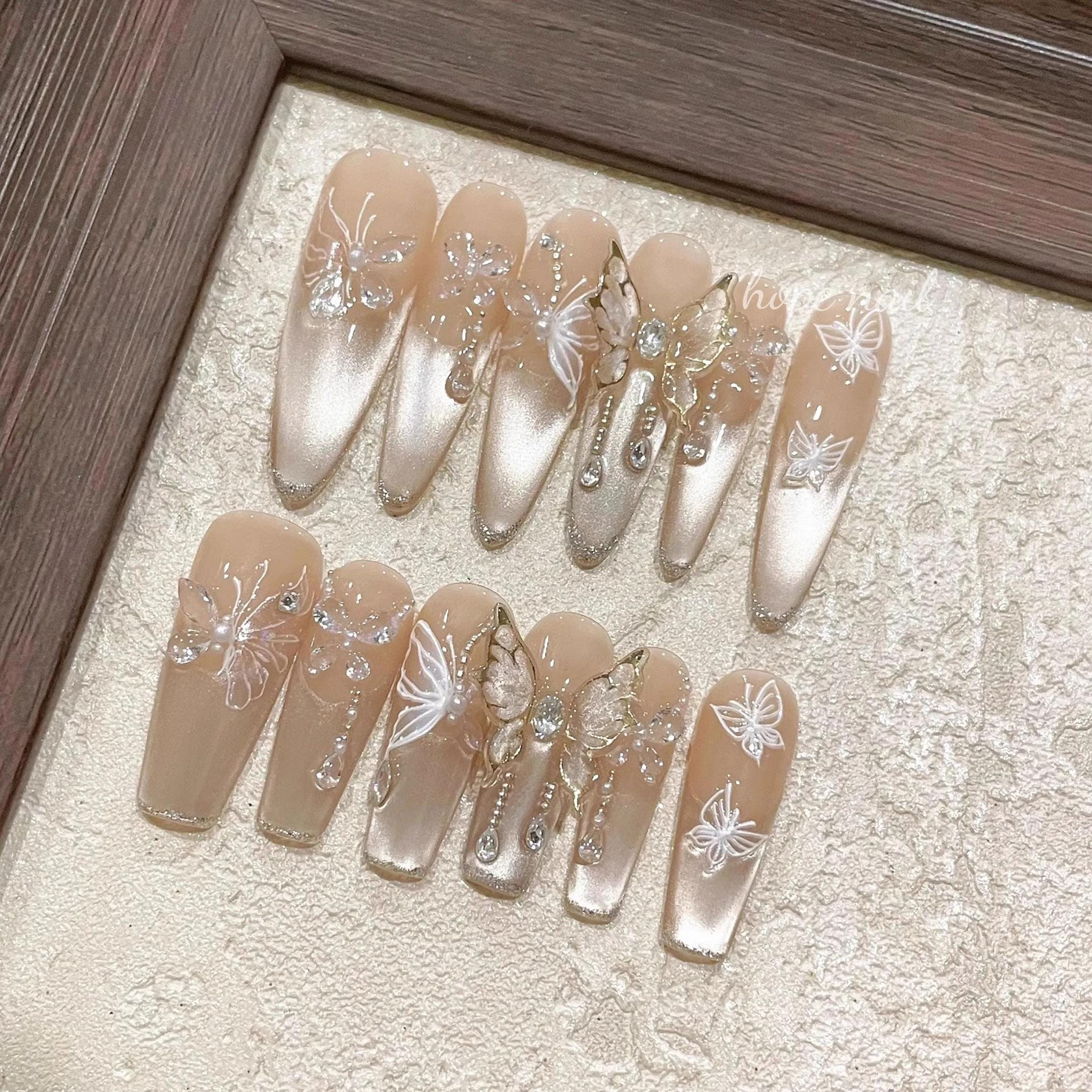 Delicate Crystal Butterfly Silver Line Nail/Cute Oval Shape Nail/Pink Cat Eye French Tip Nail/Handmade Press on Nail/Amazing Nail